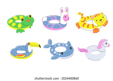inflatable rubber swimming ring. 
summer water beach toy. circle in the form of a frog, unicorn, alpaca, llama, tiger, toucan and whale. set of stock vector illustration in cartoon flat style on white
