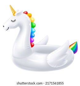 Inflatable rubber swimming ring in white unicorn shape. Cute and funny toy unicorn with golden horn, wings and rainbow hair, for leisure at the pool, sea, on the beach. Realistic vector illustration