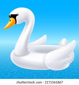 Inflatable rubber swimming ring in white swan shape. Cute and romantic toy for leisure at the pool, sea, on the beach. Realistic vector illustration