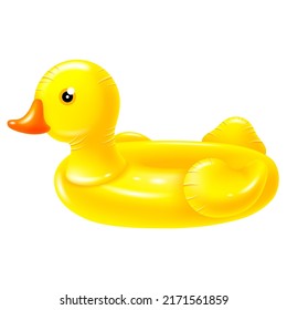 Inflatable rubber swimming ring in yellow duck shape. Cute and funny toy for kids leisure at the pool, sea, on the beach. Realistic vector illustration