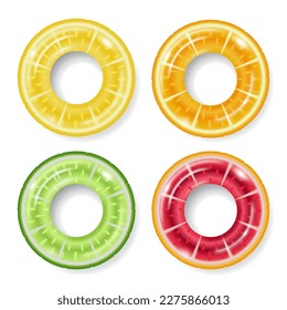 Inflatable rubber swimming rings set, top view. Swimming ring set in citrus pattern. Vector realistic Illustration, isolated on white background