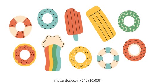 Inflatable rubber swimming rings set, top view. Swimming ring set. Vector flat Illustration isolated on white background