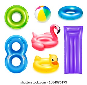 Inflatable rubber toys swimming rings set of isolated realistic images of circle shaped and childish water vector illustration