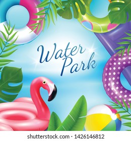 Inflatable rubber toys swimming rings background with ornate text surrounded by tropical leaves and inner rings vector illustration