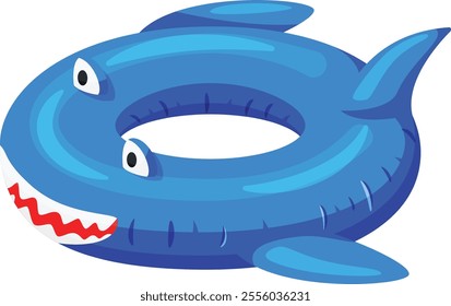 Inflatable shark shaped swimming ring floating on white background represents summer fun, pool parties, and beach vacations, offering safety and enjoyment for water activities