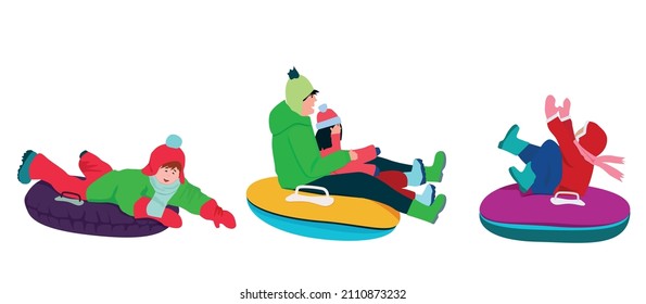 Inflatable sleigh. People are sledding. Winter fun. Vector illustration.
