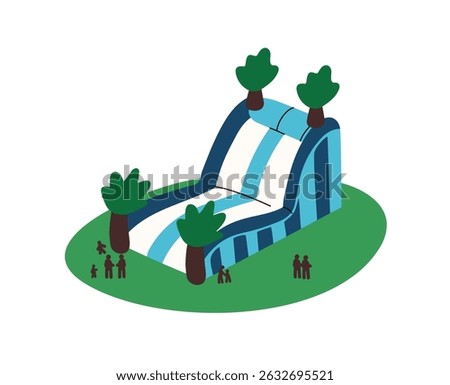 Inflatable slide for jumping in amusement park. Happy children have fun on air bouncy castle. Kids play on rubber bouncer, summer attraction. Flat isolated vector illustration on white background.