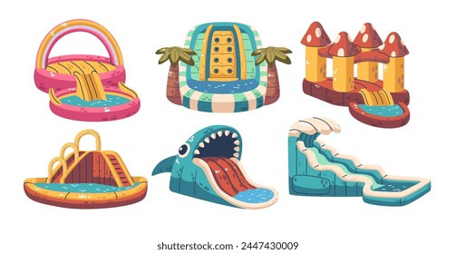 Inflatable Slides With Pools. Large, Air-filled Structures Designed For Bouncing And Sliding Fun, Cartoon Illustration
