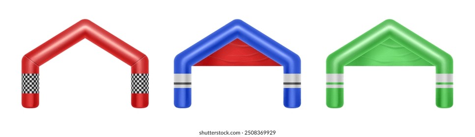 Inflatable start and finish arch for sports competitions. Vector isolated set of realistic archways, gates of triangle shape for outdoors events and sportive challenges. Marathon racing