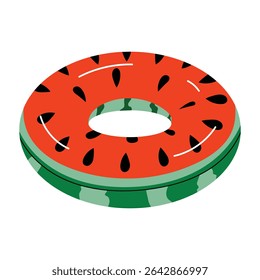 Inflatable summer swim ring in shape of a watermelon slice. Bright pool float in cartoon flat style. Vector illustration isolated on white background.