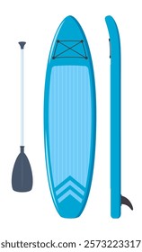 Inflatable sup board for outdoor activities and water sports. Stand up pabble board in different view.