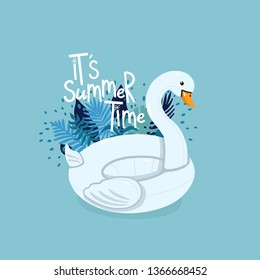 Inflatable swan surrounded by tropical leaves with lettering It's Summer Time on the blue background. Can be used in the poster, greeting card, gift, banner, textile, T-shirt, mug.