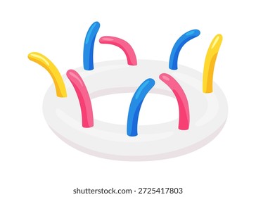 Aufblasbarer Schwimmbadring. Farbiges Schwimmerelement für Strand, Schwimmbecken, Rettungsring und Rettungsmittel. Aufblasbares Gummispielzeug, Cartoon, Vektorgrafik
