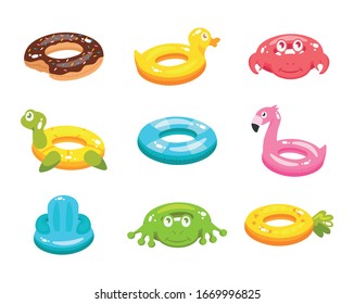 Inflatable swim ring cartoon vector illustration isolated on white background. Donut, duck, crab, turtle, flamingo, circle, circle with back, toad, pineapple