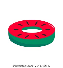 Inflatable swim ring designed like a juicy watermelon slice with red fruit texture and seeds, illustrated on gray background.
