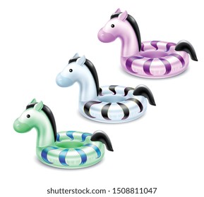 Inflatable swimming accessories colored set of isolated life rings in pony shape realistic vector illustration