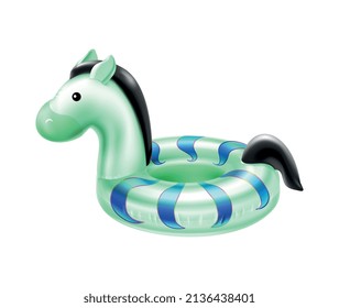 Inflatable swimming accessories realistic composition with green pony shaped inflatable rubber ring vector illustration