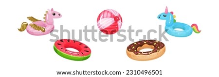 Inflatable Swimming Accessories with Rubber Ring and Ball Vector Set Foto stock © 