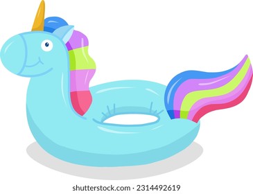 Inflatable swimming circle with a blue unicorn on a white background. Vector illustration of a swimming circle with a unicorn to advertise a beach party. Inflatable rubber toy for water and beach.