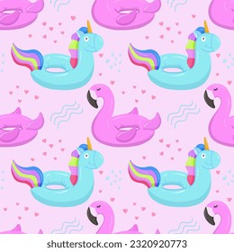 Inflatable swimming circle with a blue unicorn, flamingo. Inflatable rubber toys for water and beach. Seamless vector pattern on summer and marine themes.