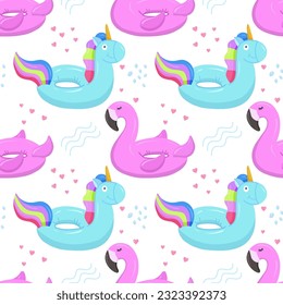 Inflatable swimming circle with a blue unicorn, flamingo. Inflatable rubber toys for water and beach. Seamless vector pattern on summer and marine themes.