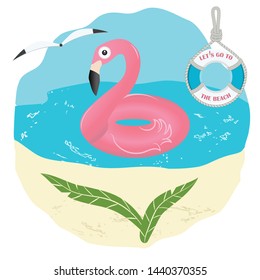 Inflatable swimming circle Flamingo, lifebuoy - water, shore, seagull - vector. Summer time. Travel Poster. Banner.