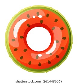 Inflatable swimming circle in the form of a watermelon. Bright lifebuoy, inflatable toy float. Summer accessory for swimming on the beach, in the pool. Vector cartoon illustration.