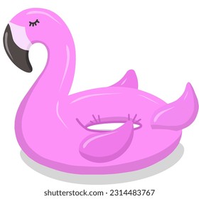 Inflatable swimming circle with pink flamingo highlighted on a white background. Vector flat symbol of summer. An illustration for advertising a beach party. Inflatable rubber toy for water and beach.