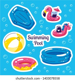 Inflatable swimming float set. Cute water toys flamingo, ball, unicorn floats. Beach party vector summer stickers. Pool, sea and beach summer activities concept vector illustrations