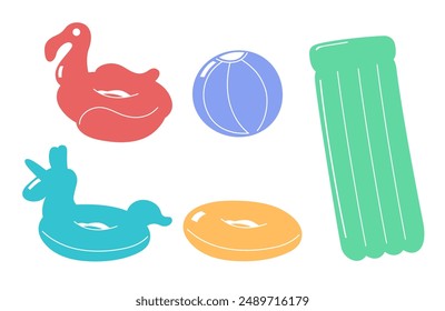 Inflatable swimming items. Inflatable rings and mattress. Flat vector illustrations. Swimming pool, beach, summer. 