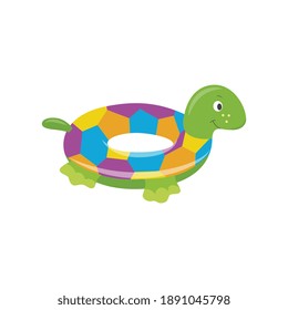 Inflatable swimming kids ring in shape of turtle for beach or pool. Rubber rescue toy ring for swimming in water during summer holidays. Flat cartoon isolated vector illustration