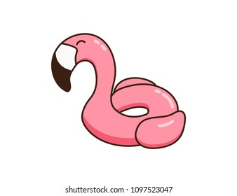 Inflatable swimming pool ring object with flamingo shape. Tropical summer bird buoy for vacations and water activities in swimming pool. Rubber object isolated. Vector doodle hand drawn illustration