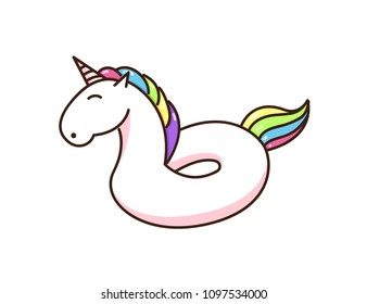 Inflatable swimming pool ring object with cute Unicorn shape. Tropical summer magical fairytale rainbow horse buoy for vacations and water activities in swimming pool. Vector hand drawn doodle icon