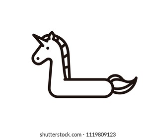 Inflatable swimming pool ring object with unicorn shape. Tropical summer horse with horn buoy for vacations and water activities in swimming pool. Rubber object isolated. Vector thin line icon