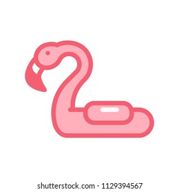 Inflatable swimming pool ring object with flamingo shape. Tropical summer bird buoy for vacations and water activities in swimming pool. Rubber object isolated. Vector doodle icon	
