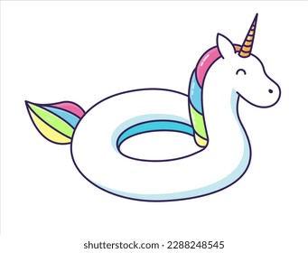 Objeto inflable de anillo de piscina con forma unicornio adorable. Verano tropical mágico cuento de hadas boya de caballo arco iris para vacaciones y actividades acuáticas en la piscina. Objeto de goma aislado. Vector d