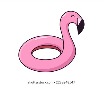 Inflatable swimming pool ring object with flamingo shape. Tropical summer bird buoy for vacations and water activities in swimming pool. Rubber object isolated. Vector doodle icon illustration