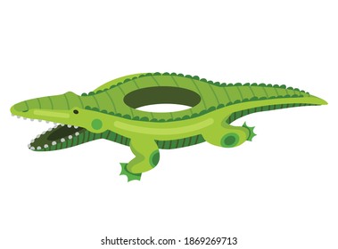 Inflatable swimming ring. Life-ring in pool for summer vacation. Cartoon rubber floating lifesaver in form of cute animal. Funny crocodile floating ring