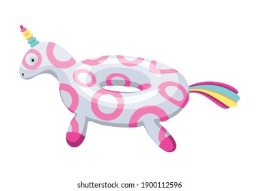 Inflatable swimming ring. Life-ring in pool for summer vacation. Cartoon rubber floating lifesaver in form of cute animal. Funny unicorn floating ring