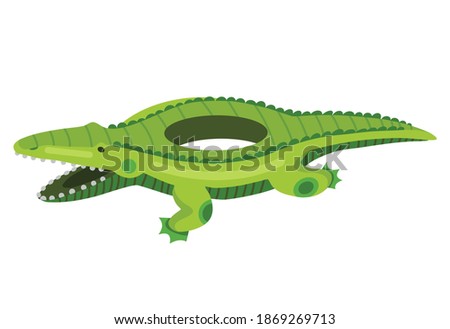 Inflatable swimming ring. Life-ring in pool for summer vacation. Cartoon rubber floating lifesaver in form of cute animal. Funny crocodile floating ring