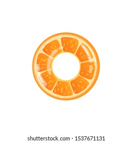Inflatable swimming ring or lifesaver glossy rubber toy with citrus orange coloring vector illustration isolated on white background. Water accessory for beach and pool.