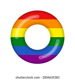 Inflatable swimming ring looking like LGBT flag isolated on white background, Rubber float pool lifesaver ring, buoy children beach summer sea water theme. Vector illustration icon
