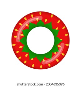 Inflatable Swimming Ring Looking Like Strawberry Isolated On White Background, Rubber Float Pool Lifesaver Ring, Buoy Children Beach Summer Sea Water Theme. Vector Illustration Icon