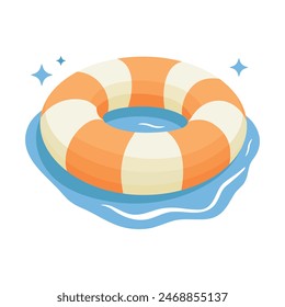 Inflatable swimming ring on water. Summer time. Marine lifeline in yellow color. Vector cartoon illustration isolated on white.