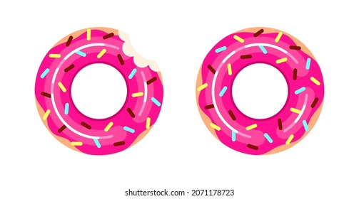 Inflatable swimming ring with pink donut design. Pool float equipment. Vector colorful flat illustration isolated on white background