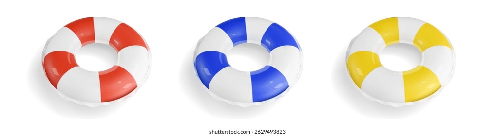 Inflatable swimming ring with red, yellow and blue stripes icons set Swim lifesaver. Summer time vacation. element Cartoon 3D Vector illustration