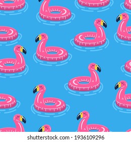 inflatable swimming ring seamless pattern. Pink flamingo in water. Cartoon vector illustration