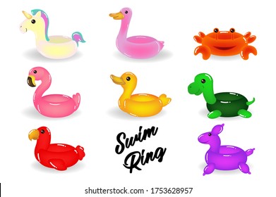 Inflatable swimming ring set. Cute water toys to keep afloat when kids are learning to swim. Vector flat style cartoon inflatable items illustration isolated