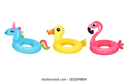 Inflatable Swimming Ring in Shape of Flamingo and Unicorn Vector Set