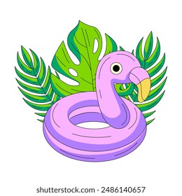 Inflatable swimming ring in the shape of a flamingo, tropical leaves, plumeria and monstera. Composition with summer vacation elements and accessories. Flat vector for sticker, scrapbook, social media